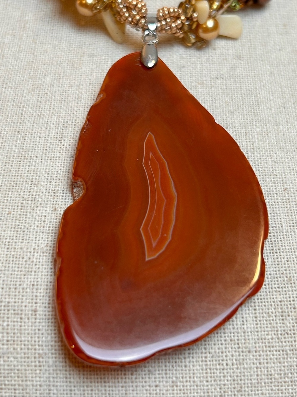 Artisan Chunky Carnelian Agate Slice Pendant Necklace, Carnelian Peridot Earthy - Picture 2 of 11